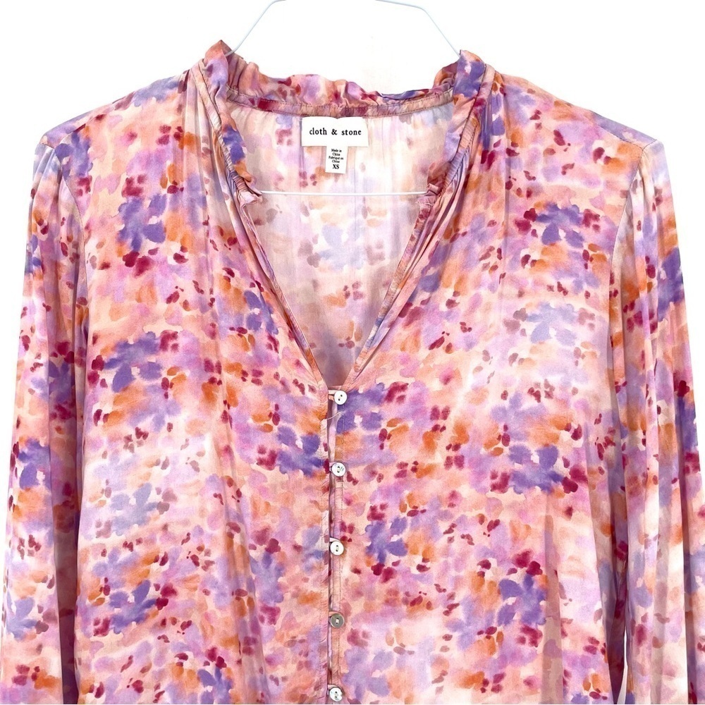 ANTHROPOLOGIE Cloth & Stone Ruffle-Neck Buttondown Watercolor Printed Blouse Top - Picture 5 of 9